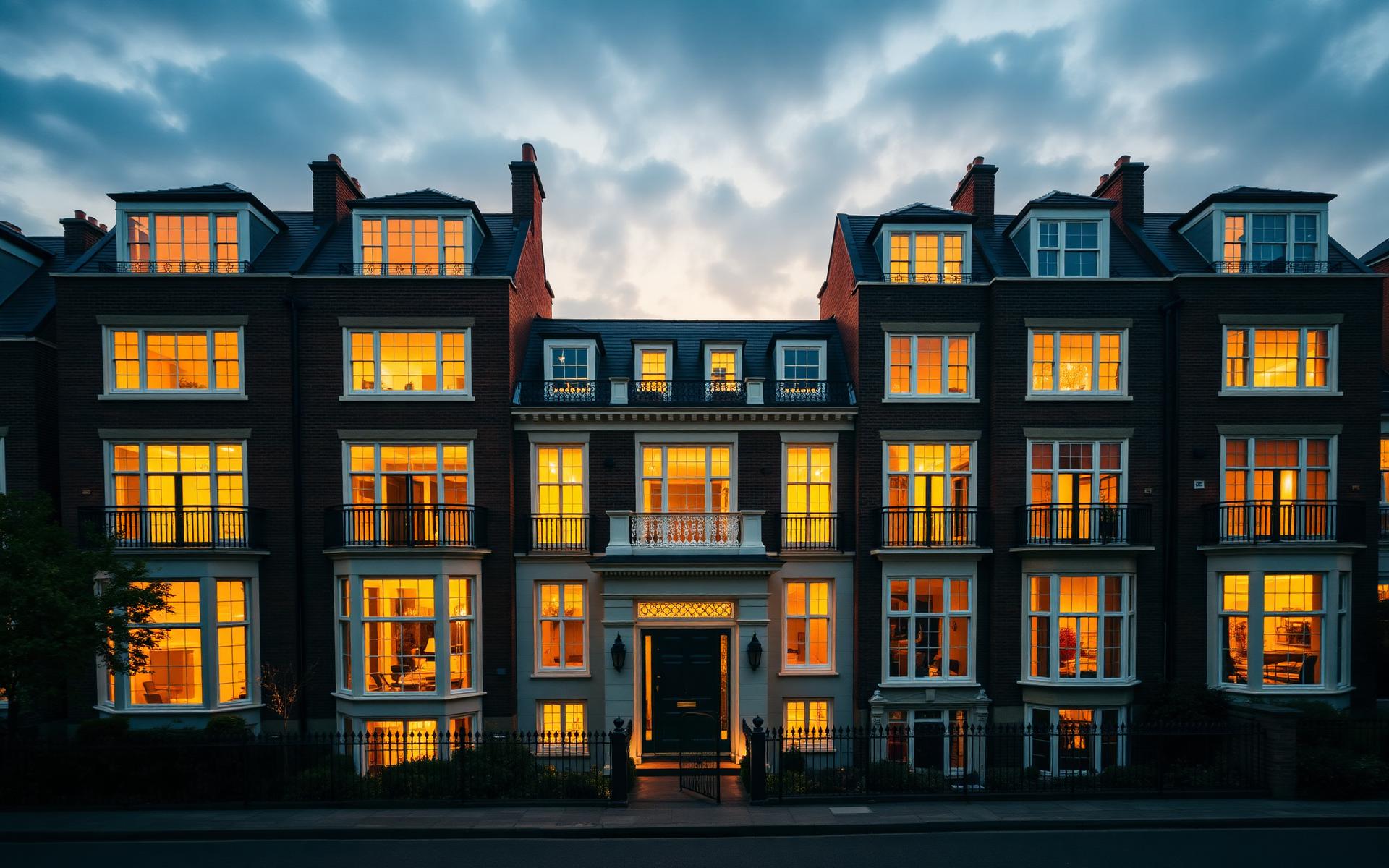 Elegant London townhouses at dusk